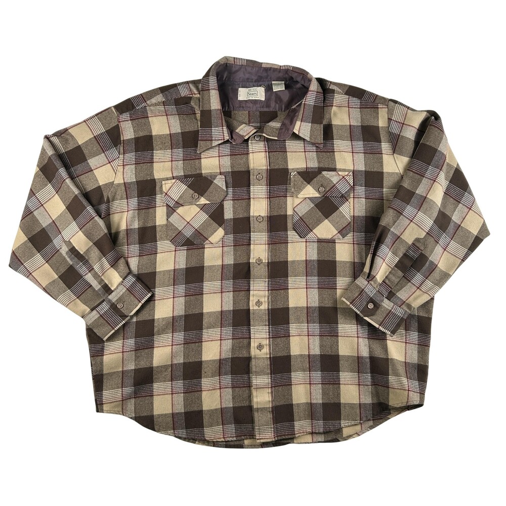Vintage Sears Shirt Mens 4XL Brown Plaid Flannel Lined Long Sleeve Workwear 90s
